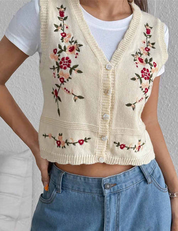 Floral Embroidery V-Neck Knit Sweater Vest DP25G980