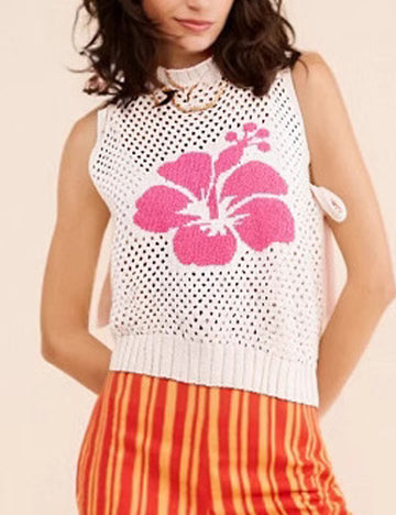 Elegant Floral Jacquard Sleeveless Knit Vest Top DP25E433
