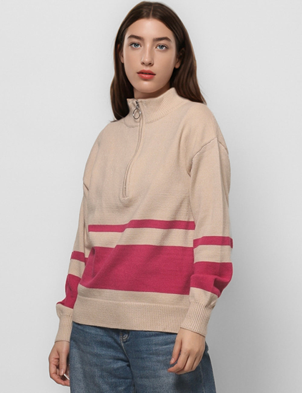 Color Block Zipper Sweater Knit Sweatshirt DPT4777