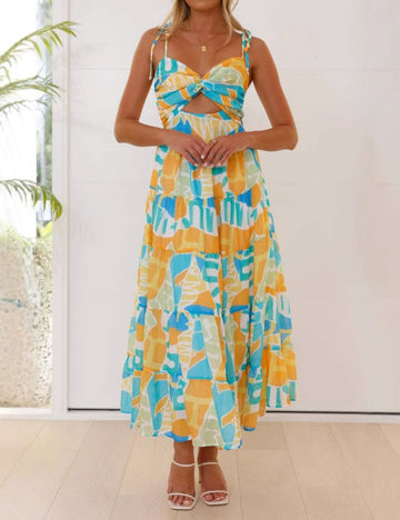 Print Hollow Out String Spaghetti Dress DP25B519
