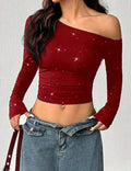 Rhinestone One Shoulder Crop Top - DippedShop Wholesale - #1395