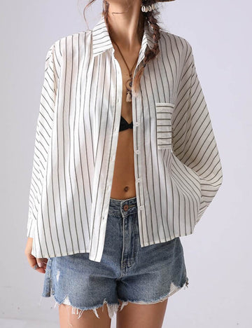 Casual Striped Lapel Collar Batwing Sleeve Top DP25D889