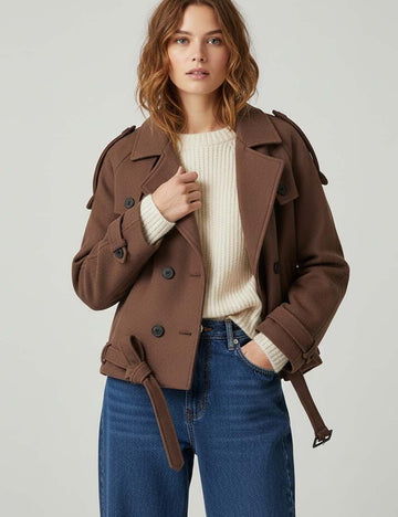 Winter Notch Collar Crop Pea Trench Coat DP25G988