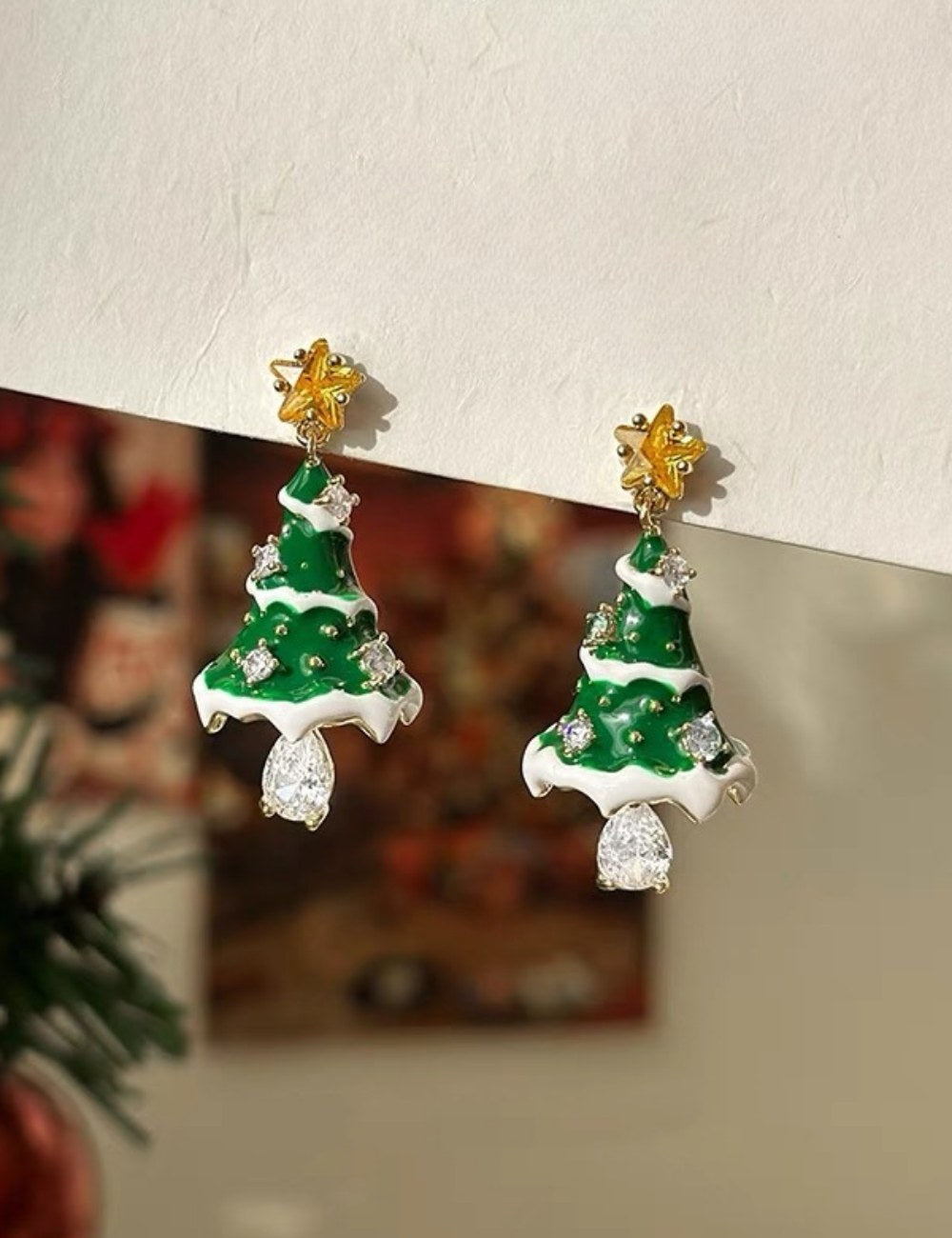 Green Christmas Tree Drop Stud Earrings DPJE1919