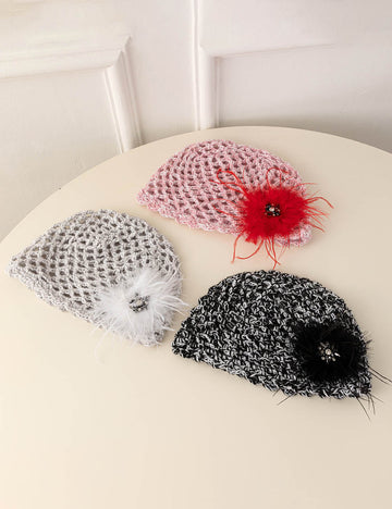 Vintage Hollow Out Feather Flower Crochet Beanie Cap 8BK6HAT199T