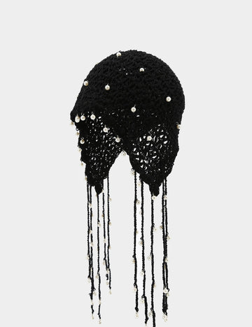 Boho Pearl Tassel Hollow Out Knit Beanie Cap 8BK6HAT203T