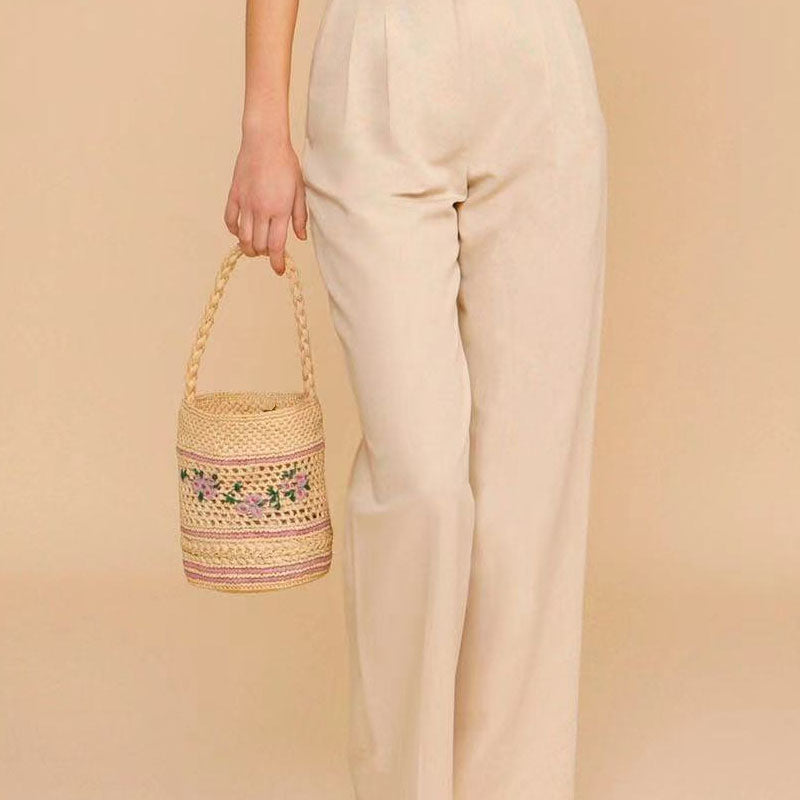 Handmade Straw Woven Flower Bucket Bag 8BW6BBG436T