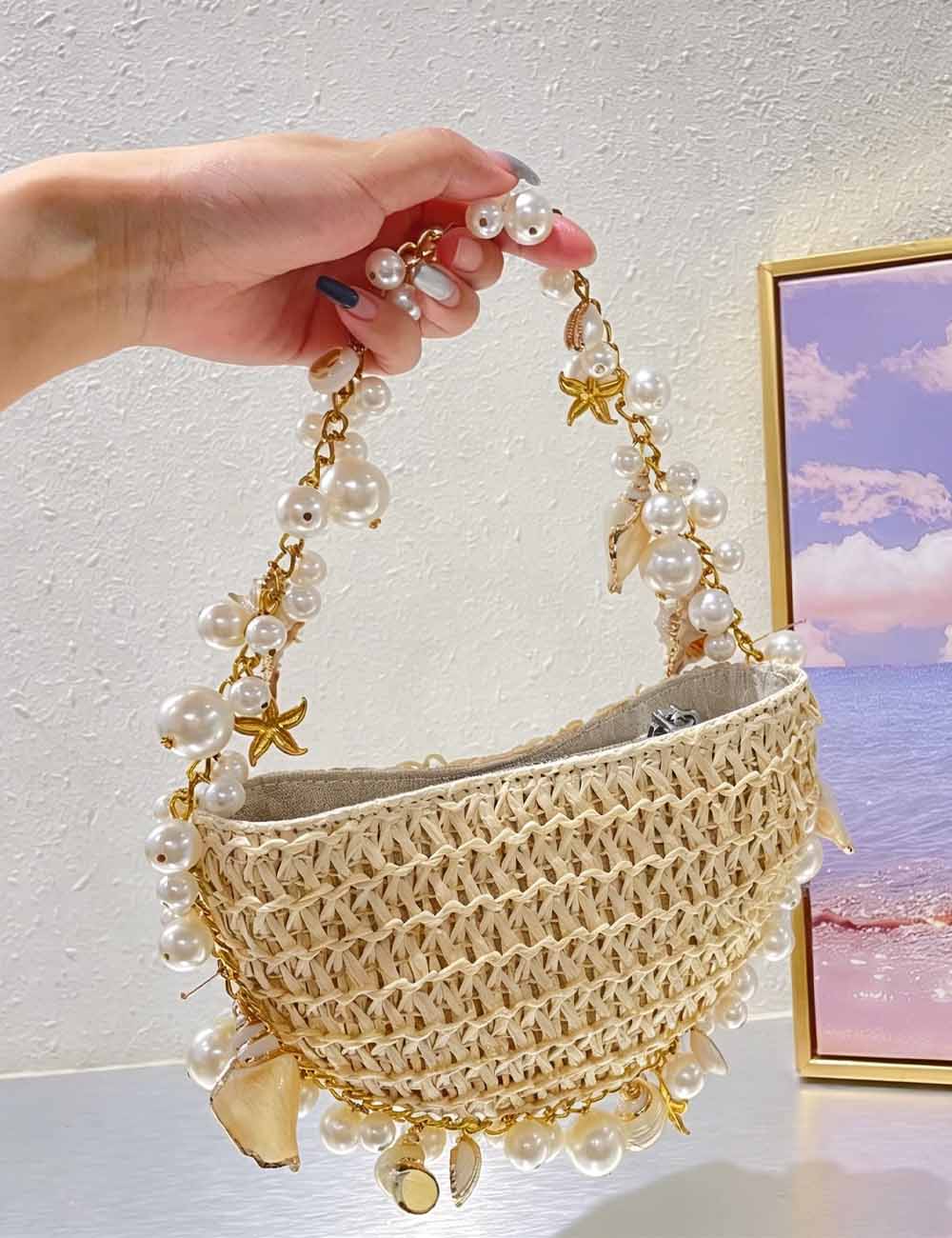Trendy Straw Woven Pearl Tassel Underarm Bag 8CW6BBG510T