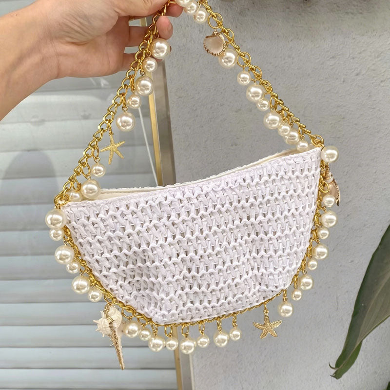 Trendy Straw Woven Pearl Tassel Underarm Bag 8CW6BBG510T