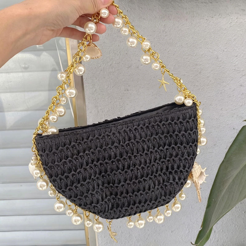 Trendy Straw Woven Pearl Tassel Underarm Bag 8CW6BBG510T