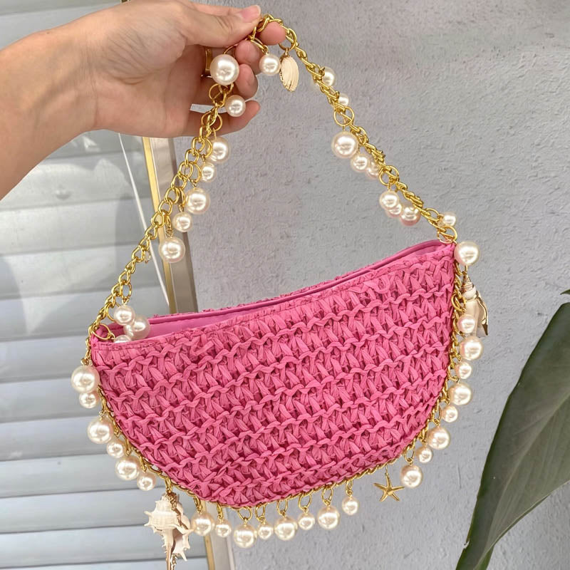 Trendy Straw Woven Pearl Tassel Underarm Bag 8CW6BBG510T