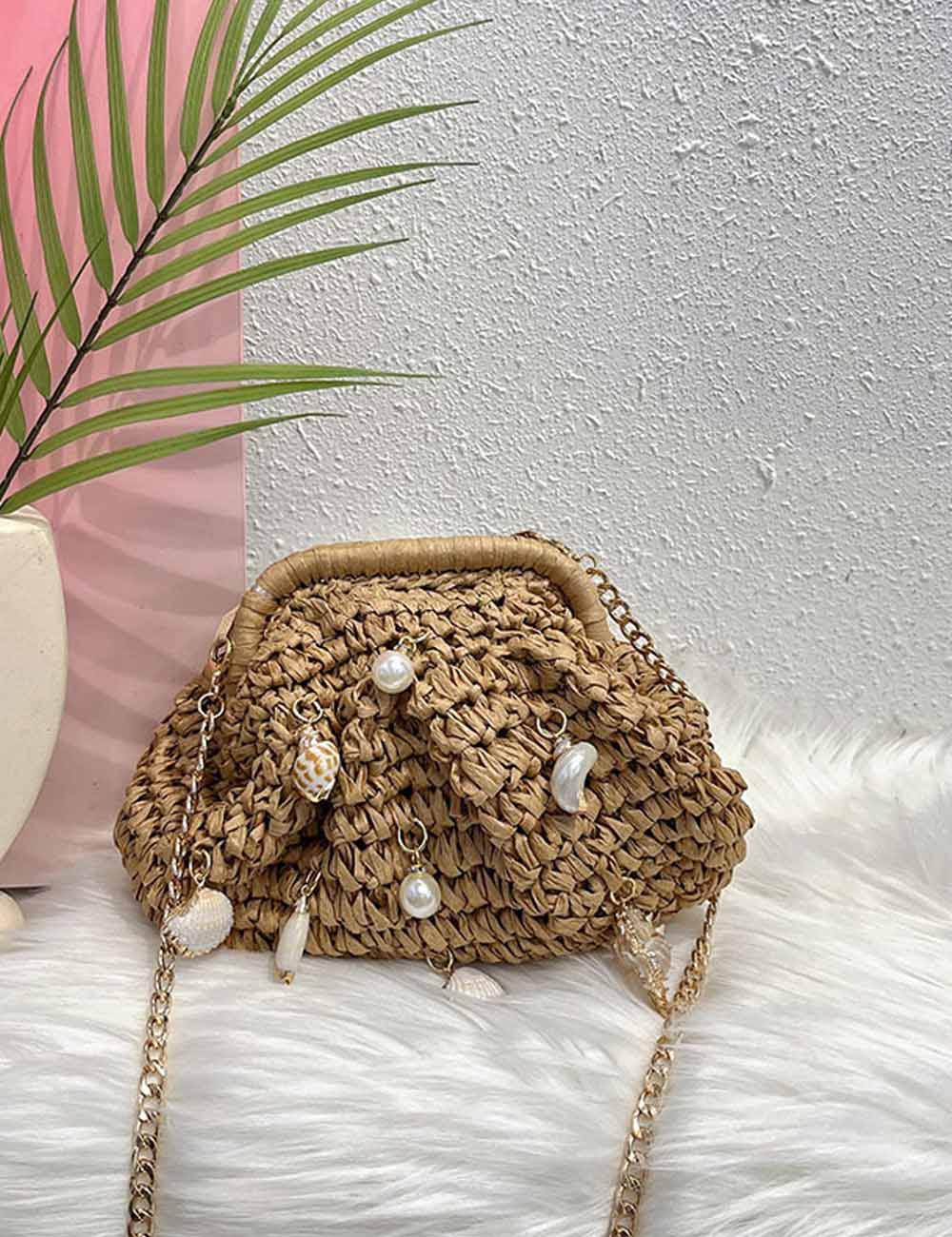 Vintage Pearl Hand Made Straw Handbag 8CW6BBG512T
