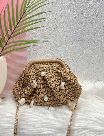 Vintage Pearl Hand Made Straw Handbag 8CW6BBG512T