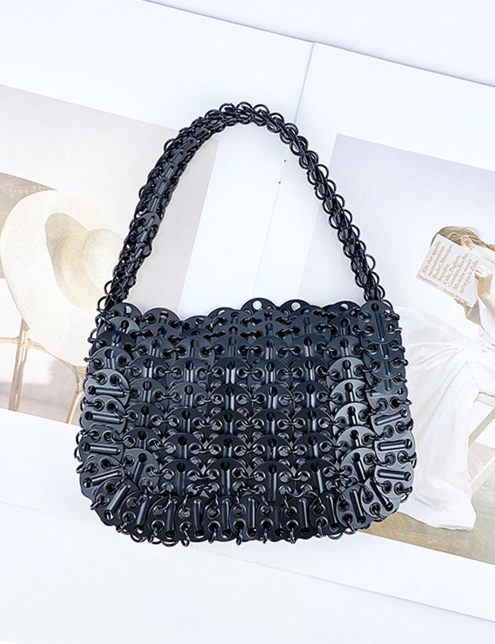 Stylish Solid Color Hand Woven Glitter Sequin Handbag 8CW6BBG514T