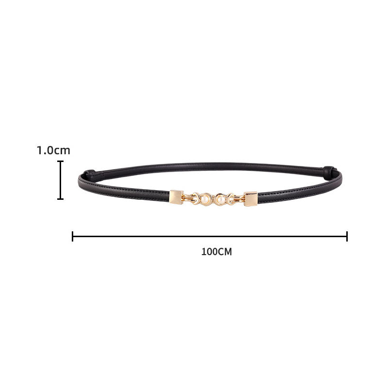 Elegant Pearl Gold Buckle Skinny Dress Leather Belt 6W6JBT160