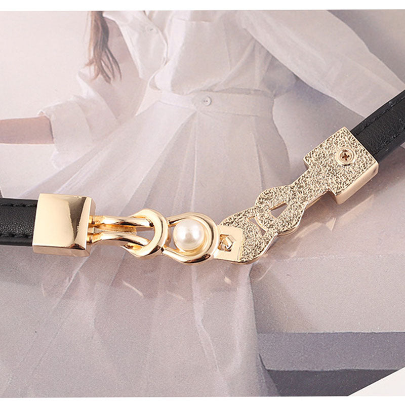 Elegant Pearl Gold Buckle Skinny Dress Leather Belt 6W6JBT160