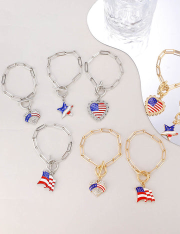 Vintage Gold Plated American Flag Pendants Chain Bracelet 8ZA6JBR130T
