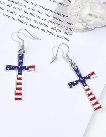 Trendy USA Flag Cross Pendant Dangle Earring 8ZA6JER191L