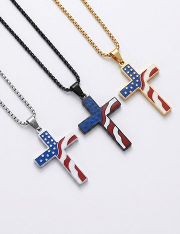 Retro USA Flag Cross Pendant Chain Necklace 8ZA6JNC273T