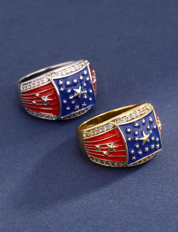 Chunky Gold Plated USA Flag Rhinestones Wide Ring 8ZA6JRG205T