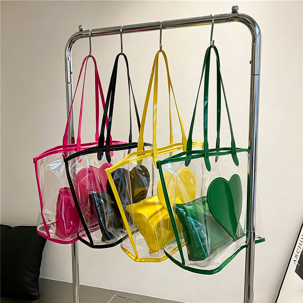 2-Piece Color Contrast Heart Clear Jelly Tote Bag 6W10BBG2130