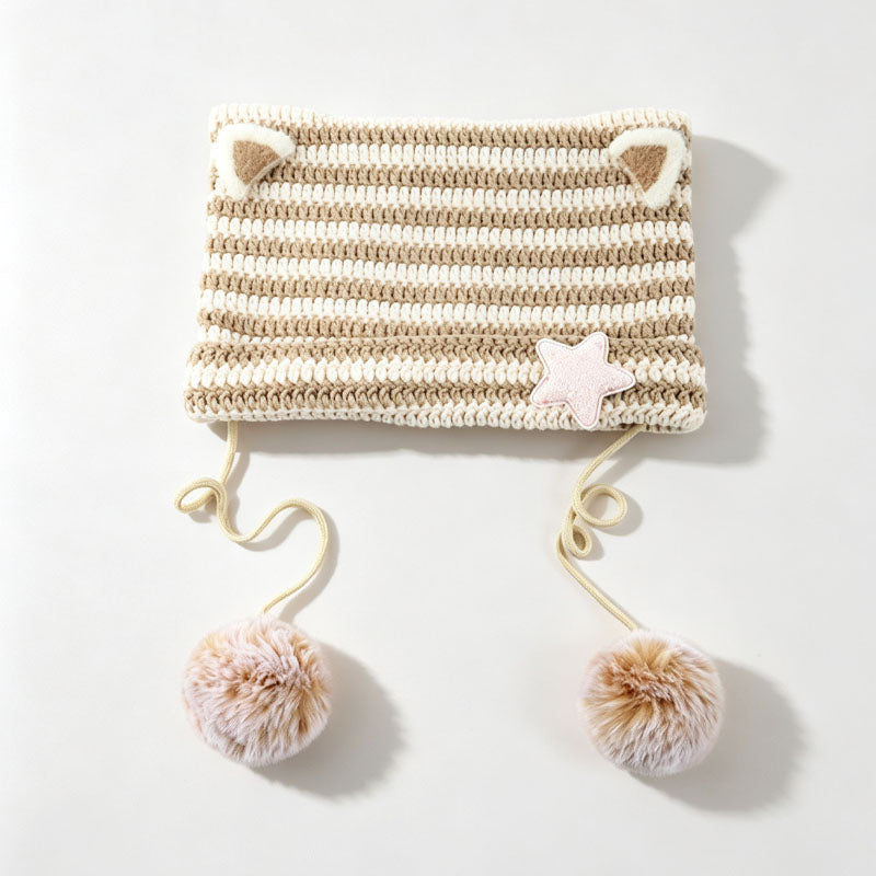 Cute Striped Cat Ear Beanie Hat With Pompoms 6W6HAT524