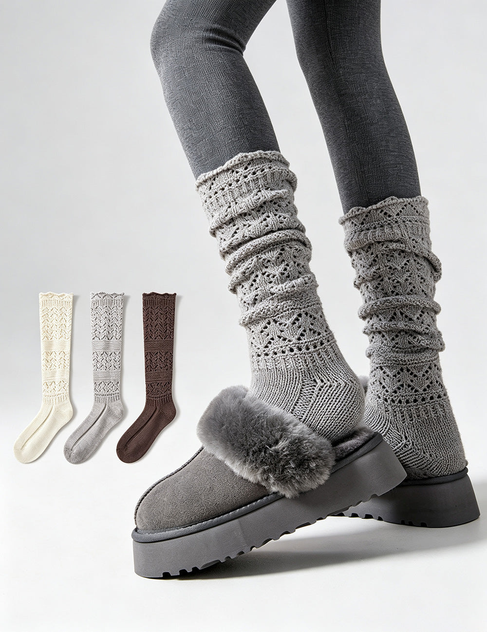 Solid Color Hollow Out Knit Calf Socks 6W8FSO887