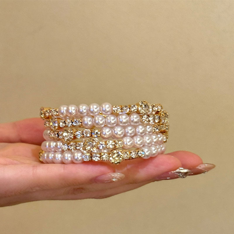 Vinatge Multi-Layer Pearl Rhinestone Bangle Bracelet 6W6JBR588