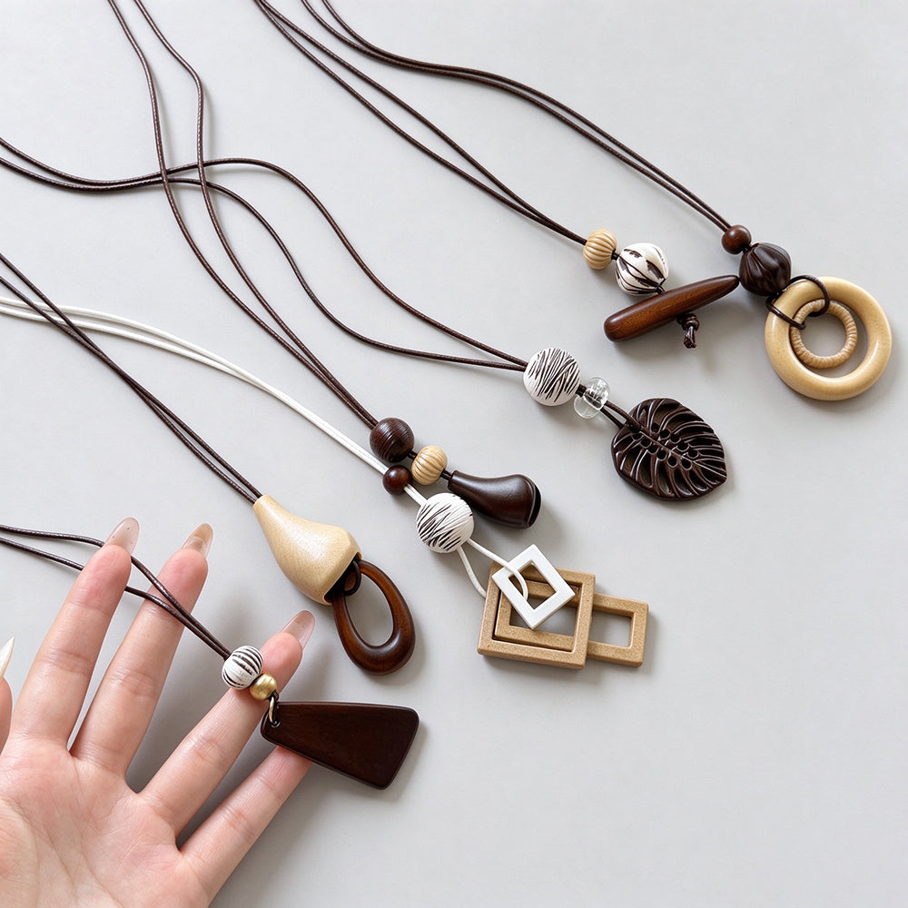 Wooden Geometric Pendant Necklace - DippedShop Wholesale - #0275