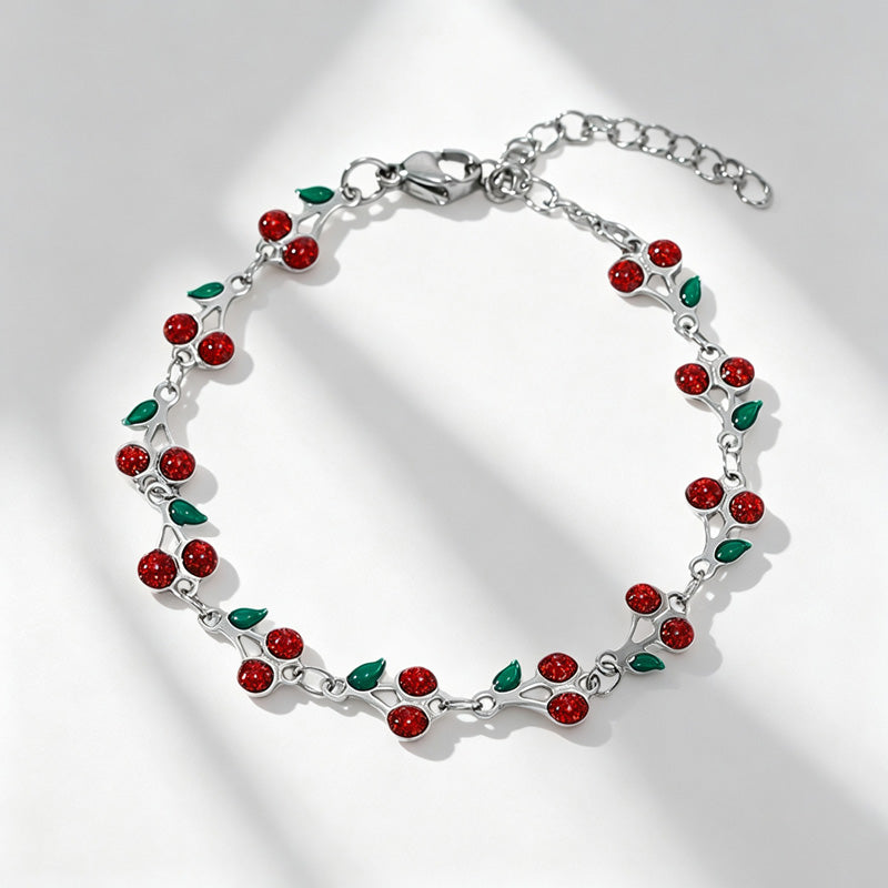 Cute Cherry Rhinestone Gold Plated Chain Bracelet 6W6JBR516