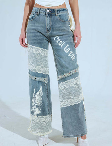 Lace Splicing Low Rise Straight Leg Jeans DP25G913