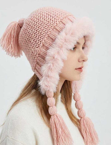 Cute Solid Color Warm Tassel Knit Beanie DP25H721
