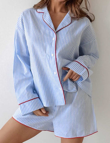 Striped Loose Shirt Shorts Loungewear Set DP25G405