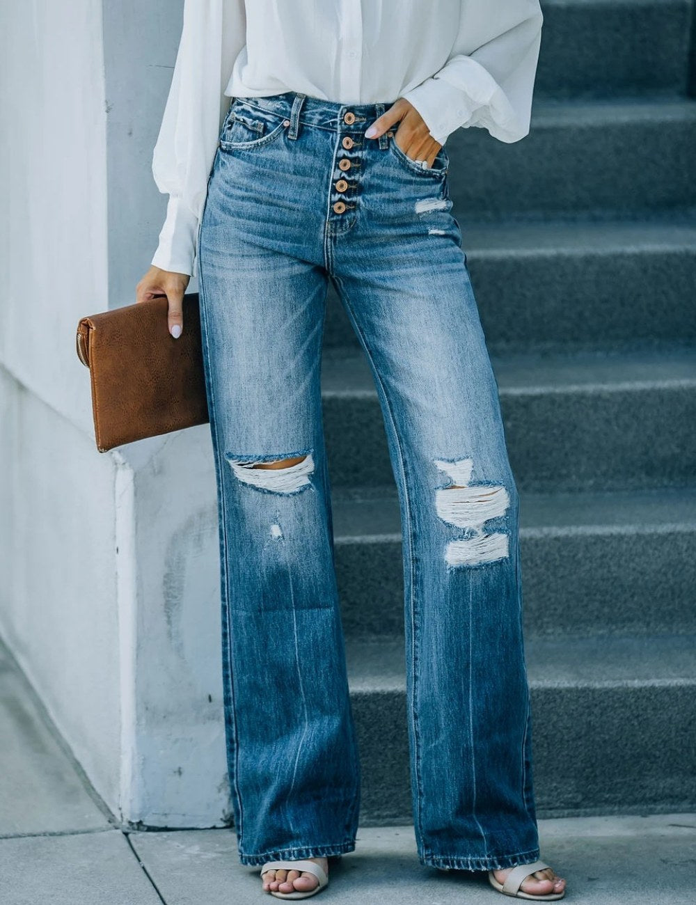 Washed Ripped Denim Pants Straight Leg Jeans DPP3017