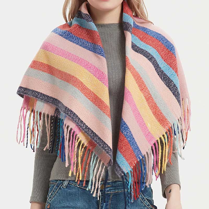 Winter Color Block Striped Tassel Square Scarf DP25G572