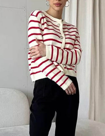 Round Neck Striped Long Sleeve Knit Cardigan DP25G977