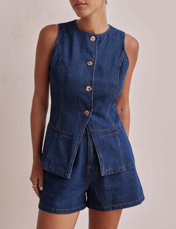 Sleeveless Button Vest Short Denim Set DP25B836