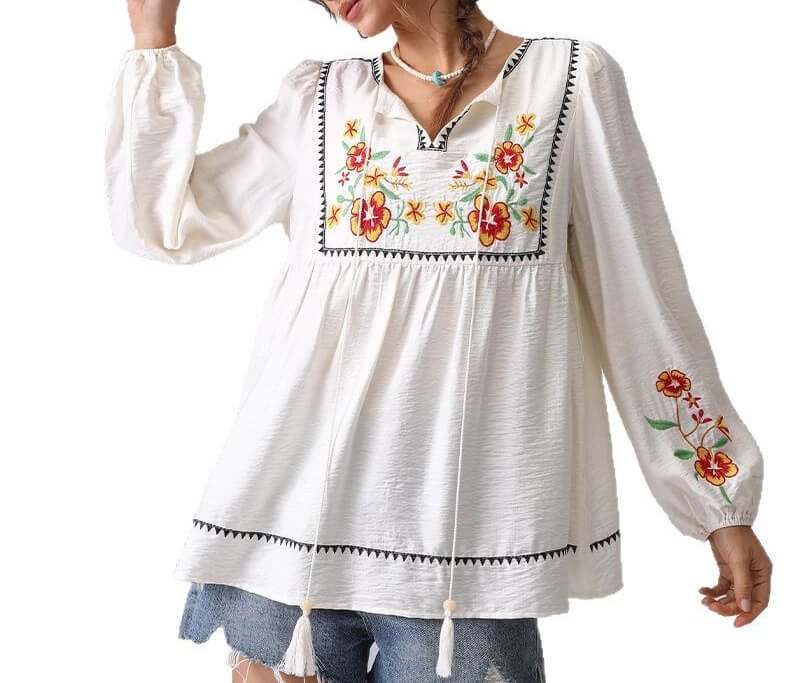 Floral Embroidered V-Neck Tie-Front Blouse DP25D885
