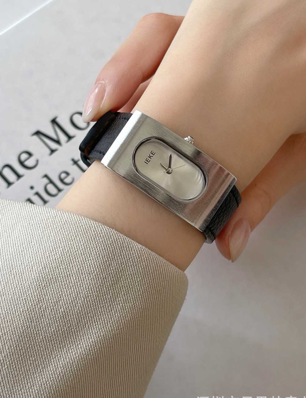 Rectangular Steel Dial Leather Strap Watch DP25F756