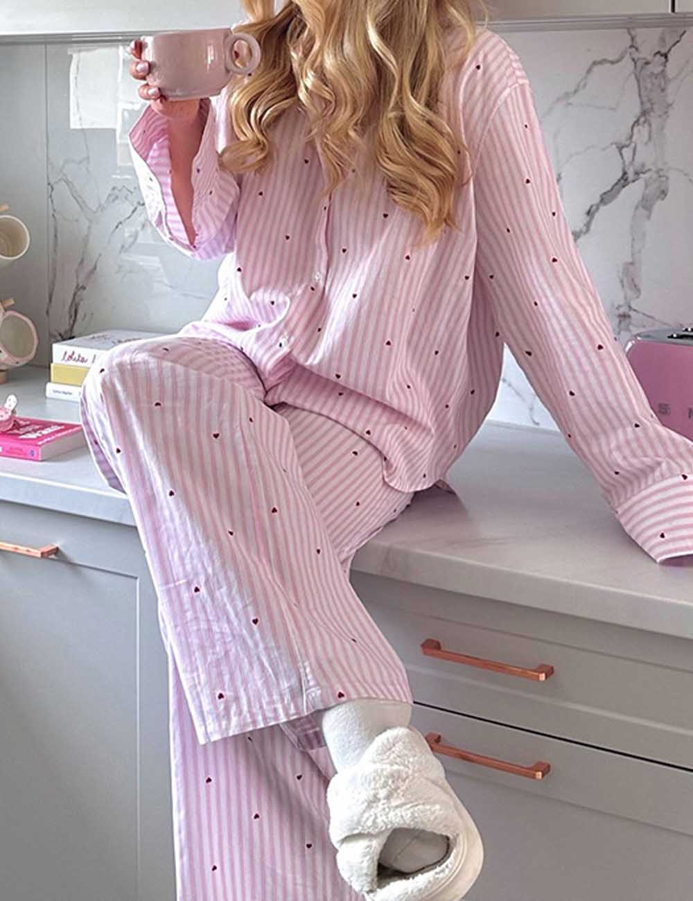 2 Pcs Casual Striped Button Down Pajamas Set DP25F869