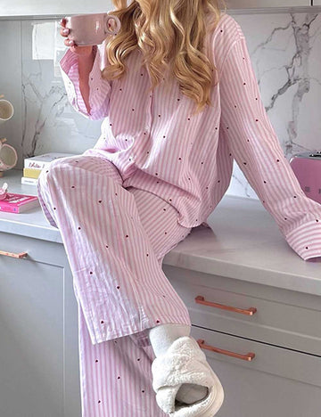 2 Pcs Casual Striped Button Down Pajamas Set DP25F869