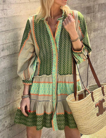 Ruffle Print Lantern Sleeves Buttons Mini Dress DP25E666