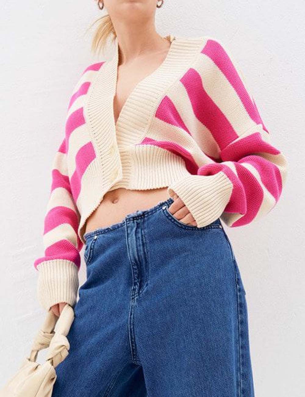 Loose Striped Long Sleeve Knit Cardigan DP25F537