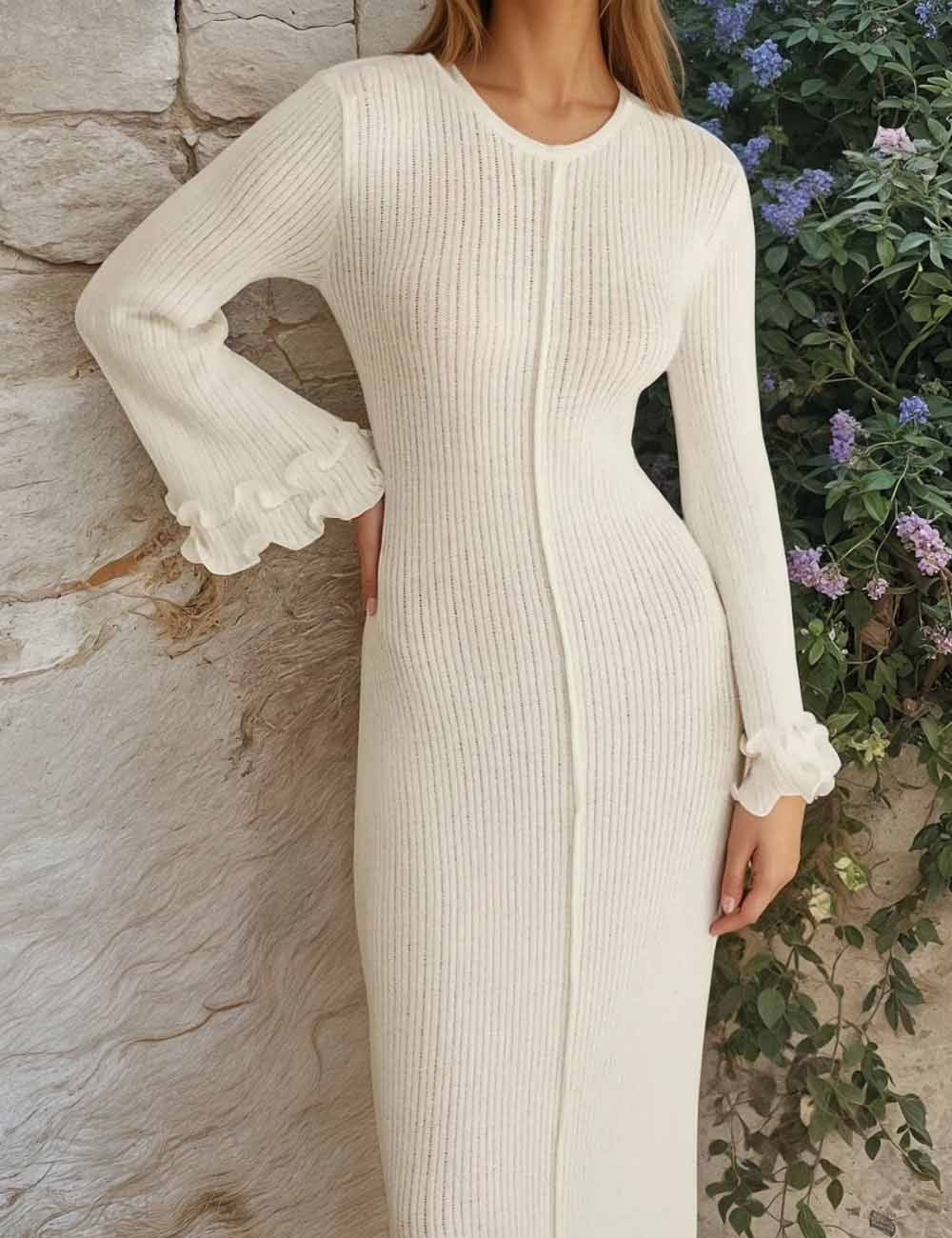 Elegant Solid Color Ruffled Trim Maxi Dress DP25G546