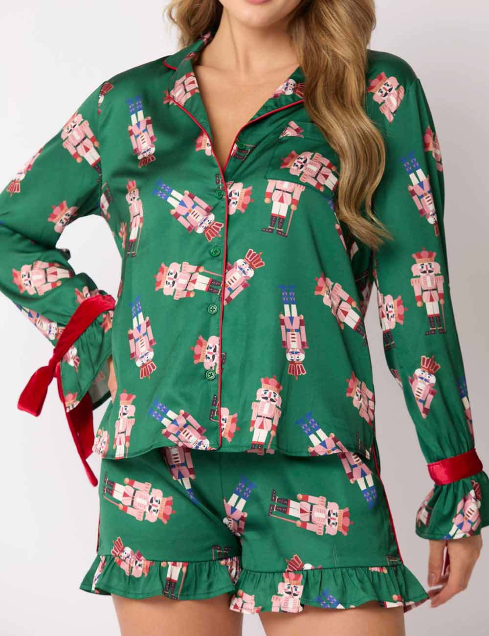 Cute Tree Print Satin Ruffled Pajamas Set DP25F885