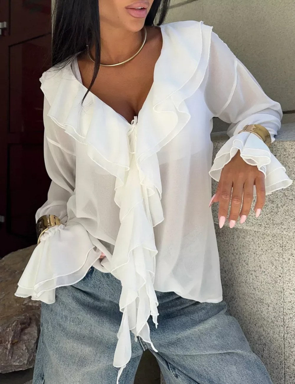 Ruffle V-Neck See Through String Tops DP25C456