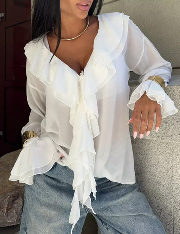 Ruffle V-Neck See Through String Tops DP25C456