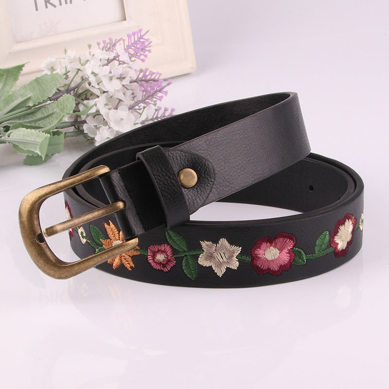 Vintage Floral Embroidered Skinny Leather Belt MK2LEEP6W6JBT45
