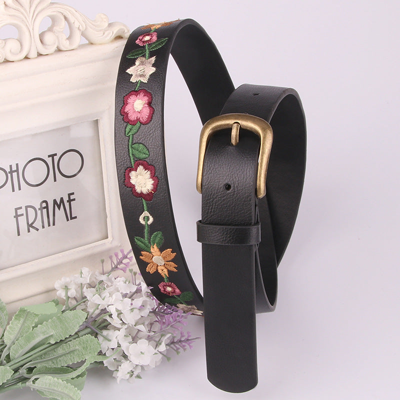Vintage Floral Embroidered Skinny Leather Belt MK2LEEP6W6JBT45