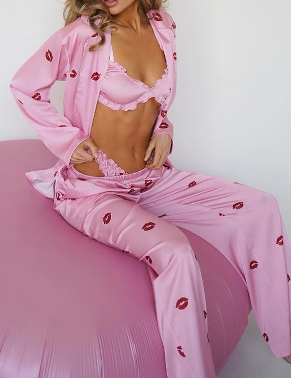 3 Pcs Sexy Print Soft Satin Pajamas Set DP25F889